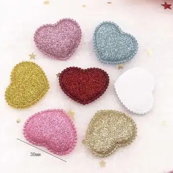 Glitter Yastıklı Bepowder Kumaş Karışımı 30mm Kalp Aplike Düğün Yapma Çocuk saç tokası Aksesuarları DIY Zanaat Malzemeleri E158*2