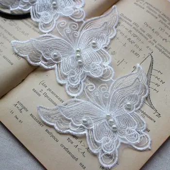 6P 8CM Beyaz Zarif Organze 3D Kelebek Boncuklu Tül Dantel Kumaş Yaka Yama Aplike Dekore düğün elbisesi DIY Dikiş