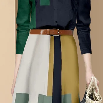Yeni Moda Ofis Takım Elbise Kadın Bahar Sonbahar Uzun Kollu Hit Renk Gömlek Üst ve Yüksek Bel Midi Bir Çizgi Kemer İnce Etek İki Parçalı Set