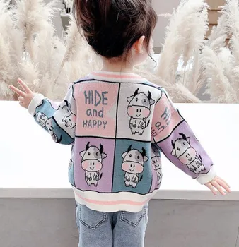 Çocuk Kız Örme Karikatür Ceket Mont Sevimli Pamuk Kazak Bahar Sonbahar Dış Giyim Hırka Bebek Kız Rahat Dikiş Tops