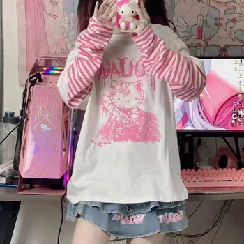 Kawaii Sanrio Giyim Tatlı Hello Kitty Üst Kadınlar 2022 Yeni Anime Karikatür Gevşek Öğrenci Sevimli Yumuşak Kız Uzun Kollu Tişört