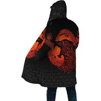 Kış Moda Erkek Kapüşonlu pelerin Viking Dövme Ejderha 3D Baskı Kalın Polar rüzgar kesici Unisex Rahat Sıcak Kapüşonlu pelerin DP03