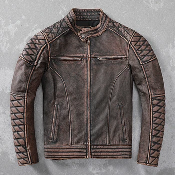 Ücretsiz kargo.Ağır vintage kahverengi hakiki deri ceket.erkek ince motor biker inek derisi ceket.kaliteli artı boyutu deri giysiler.