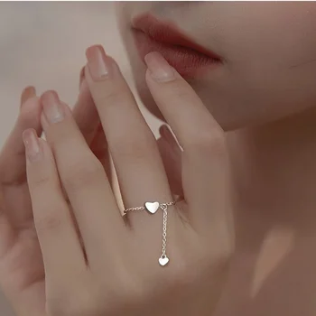 Basit Kalp Püskül Ayarlanabilir Yüzük Gümüş Renk Zincir Kolye Yüzük Romantik Daire Geometrik Yüzükler Kadınlar Kız Parmak Takı