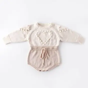 2022 Bebek Bahar Sonbahar Giyim Yenidoğan Bebek Bebek Kız Erkek Örme Bodysuits Kalp Kazak Tulumlar Sıcak Elastik Bant Üstleri