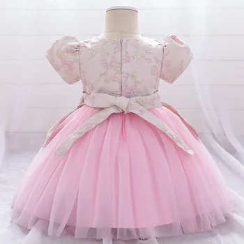 Retro Çiçek Bebek Bebek Kız Elbise Prenses İki Yay Vaftiz İlk Yıl Kızlar için Elbiseler Doğum Günü Partisi Düğün Bebek Giysileri