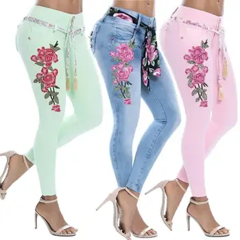 Kadın pantolon Seksi Kadınlar Çiçek Nakış Yüksek Bel Skinny Jeans Denim Uzun Pantolon Denim / Polyester / Spandex kadın Kot S-5XL