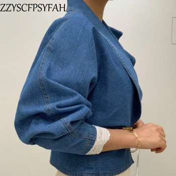 Kore Chic Vintage tasarım bel kapalı kısa denim ceket kadın Liman tarzı Yaka çok yönlü Fırfır ofis kadın giysisi jean ceket