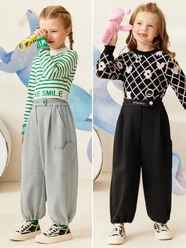Amii Çocuklar Düz Pantolon Kızlar için Moda Tasarım Elastik Bel Gevşek Pantolon Sevgiliye Cep Pantolon Çocuk Giysileri 22240117