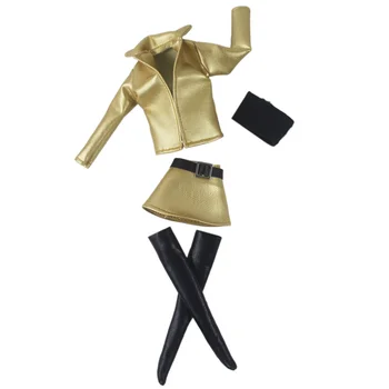 NK Resmi 1 Takım Serin Altın OL Takım Elbise Çocuk Bebek Deri Zırh Ceket Etek Asil Siyah Uzun Deri Çizmeler Barbie 1/6 Oyuncak
