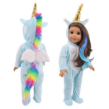 Unicorn Tek parça Pijama + Peruk / DressFor 18 İnç Amerikan ve 17 İnç 43cm Doğan Bebek oyuncak bebek giysileri Aksesuarları Nesil Rus DIY Oyuncak