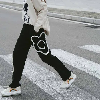 Pantolon Kadın Patchwork Gevşek Tam Boy Japonya Tarzı Harajuku Bahar Tasarım Streetwear Bayanlar Alt Öğrenciler Çiçek Yumuşak Yeni Ins