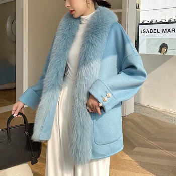 Moda Yeni Tasarım Kısa Kadın Kış Ceket Doğal Tilki Kürk Yaka Ceket Kaşmir Yün Giyim Bayanlar Streetwear