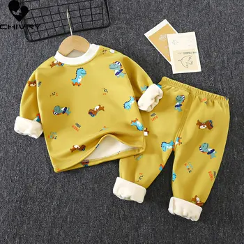Yeni Çocuk Erkek Kız Kalınlaşmak Pijama Setleri Karikatür Baskı O-Boyun Sıcak T-Shirt Pantolon ile Bebek Sonbahar Kış Uyku Giyim