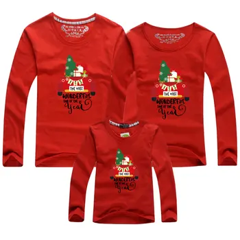 Noel Baskı Geyik Aile Eşleştirme Giyim Pamuk Anne Baba Çocuk T-shirt Kırmızı Uzun Kollu Noel Üstleri Kıyafetler