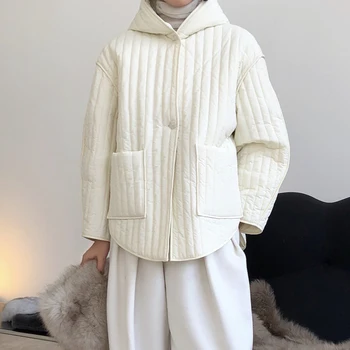 Kış kadın rahat düz renk cep dekorasyon gevşek kapşonlu pamuklu ceket ceket