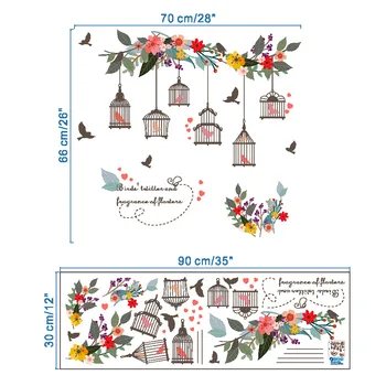Renkli Çiçek kuş kafesi uçan kuşlar Duvar Sticker Çıkartmaları Duvar Sanatı Ev Oturma Odası Yatak Odası TV Arka Plan Bahçe Pencere Dekor