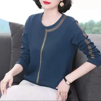 Artı Boyutu Altın Parlak İpek O-Boyun Kazak Saf Pamuklu T-Shirt Vintage Koyu Renkler Batwing Uzun Kollu Çizgili Kadın Giyim