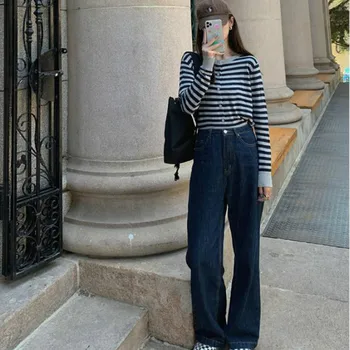 Kot Kadın Koyu mavi Vintage Tam boy Yüksek Bel Seksi Kore Tarzı Pantolon Ulzzang Streetwear Öğrenciler Şık BF Sonbahar Yeni