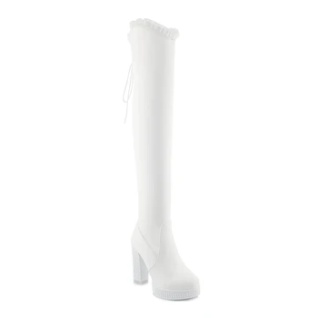 Beyaz PU Deri Uzun Çizmeler Yüksek Tıknaz Topuklu Diz Üzerinde Zarif Bayan Patik Dantel Kenar Uyluk Yüksek Bootas Moda Muhtasar