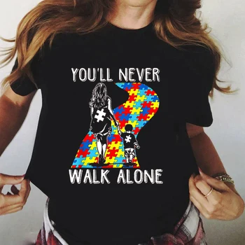 Asla Yalnız Yürümeyeceksin Mektup Bulmaca Parçası T - shirt Kadın grafikli tişört İyilik Gömlek Estetik Yaz Otizm Farkındalık Üstleri Tee