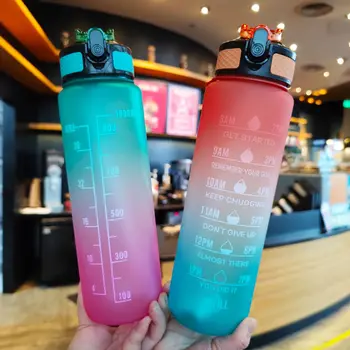 1000ml Spor Su Şişesi Degrade Renk Buzlu Sızdırmaz Plastik Açık Spor Spor Şişeleri Taşınabilir Halat BPA Ücretsiz
