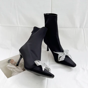 Yuvarlak Ayak Kadın yarım çizmeler Streç Ayakkabı İnce Yüksek Topuklu Siyah Bej Taklidi Yay Tasarım Çorap Patik Geri Fermuar Parti Pompaları