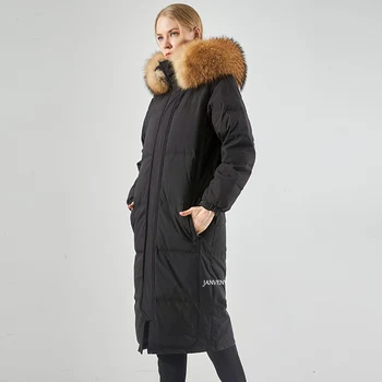 Büyük Gerçek Rakun Tilki Kürk Yaka şişme ceket kadınlar Kış Ayrılabilir Kapşonlu Son Derece Soğuk Kalınlaşmış Diz Üzerinde Kirpi Ceket