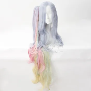Hayır Oyun No Yaşam Shiro Cosplay Peruk 120cm Mavi Pembe Sarı Karışımı Uzun Dalgalı İsıya Dayanıklı sentetik saç tokası At Kuyruğu Peruk + Peruk Kap