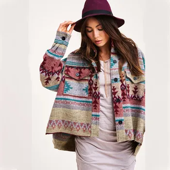 Vintage Ceket Kadınlar 2022 Yeni Aztek Retro Etnik Tarzı Ekleme Gevşek Streetwear Baskı Yün Uzun Kollu Düz Ceket Kadın