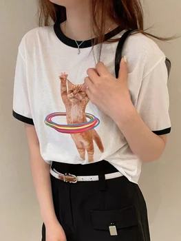 Spor Kedi Şık T-Shirt Kadın Kısa Kollu O Boyun Pamuk Tee Gömlek Femme Casual Vintage Klasik Tişörtleri Üst 2022 yaz giysileri