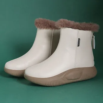 Kadın Kar Botları 2023 Kama Platformu pamuklu ayakkabılar Bayanlar Geri Fermuar Yuvarlak Ayak Beyaz yarım çizmeler Açık kaymaz kısa çizmeler