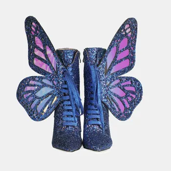 Kelebek Kanatları Glitter Yüksek Topuklu yarım çizmeler Kadın Sivri Burun Dantel-up kısa çizmeler Bayanlar Stiletto Topuklu Elbise Pist Ayakkabı