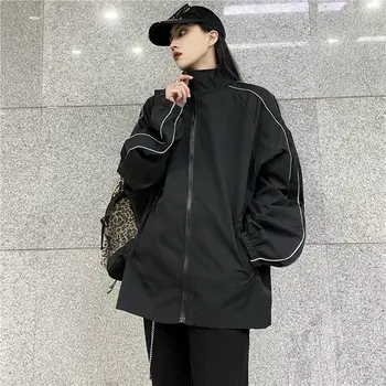Temel Ceketler Kadın Standı Yaka Yüksek Sokak Siyah Yansıtıcı Şerit Zip-Up Hip-Hop Giyim Mont Hipsters Vintage Harajuku Bf