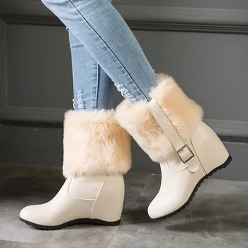 Kadınlar Sıcak Kürk Beyaz Kar Botları Sonbahar Kış Yüksekliği Artan Pu yarım çizmeler Yuvarlak Ayak Kemer Tokası Yastıklı Patik günlük ayakkabı