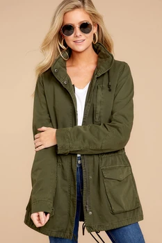 Askeri Ceket Kadın Kapşonlu Rüzgarlık Sonbahar Kış Kadın Uzun Kollu Giyim Casual Streetwear Standı Yaka fermuarlı ceket