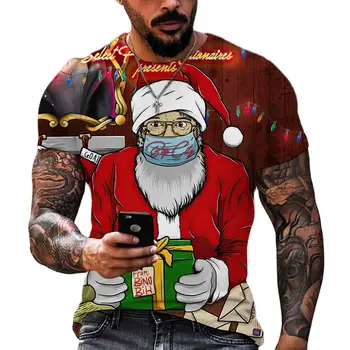 Noel Baba Baskı T Shirt Erkekler İçin Moda O-Boyun Kısa Kollu Üstleri Yeni Yıl Partisi Sosyal T-Shirt Sokak Hip Hop Tarzı Tees