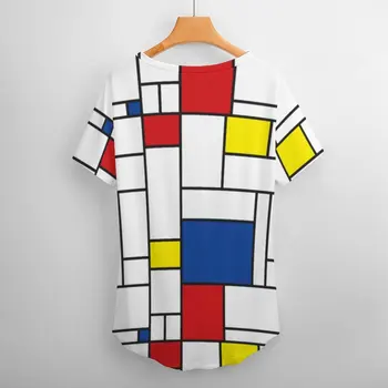 Retro Mondrian Ekose T-Shirt Mondrian Modern Sanat V Boyun Kore Moda Büyük Boy kısa kollu t-shirt Estetik Tee Gömlek Tops