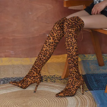 Diz Üzerinde Moda Kış Peluş Diz Çizmeler Kadınlar Akın İnce Topuklu Ayakkabı Plus Size Leopar & Tiger Stripe Elastik Bot