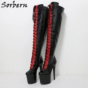 Sorbern Kadın Çizmeler bağcıklı ayakkabı 15 cm Yüksek Topuklu Kutup Dans Bayan Botları Siyah Ve Kırmızı Uzun Orta Uyluk Siyah Yüksek Ayakkabı