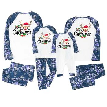2022 Noel Pijama Aile Yeni Mavi Noel Karikatür Mektup Baskı Aile Eşleştirme Kıyafetler Tatil Bebek Kız Ve Erkek Giysileri