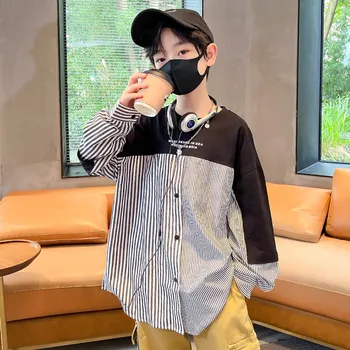 Çocuk Giysileri 5 İla 14 Yaşında Pamuklu çocuk Uzun Kollu Moda Patchwork Gömlek Kore Üstleri Genç Erkekler için Düğme Gömlek