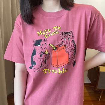 Burada Neden Sorun Komik Kediler Baskı Kpop T shirt Kadın Kısa Kollu Gevşek Pamuk Grafik Tees 2022 Yaz Casual Gömlek