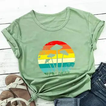 Günbatımı Plaj Kır Çiçeği Renkli Baskılı %100 % Pamuk Kadın Tshirt Tatil Yaz Rahat O-Boyun Kısa Kollu Üst Tatil Gömlek