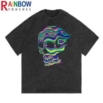 Rainbowtouches Yıkanmış Erkek T Shirt 2022 Yaz Vintage Unisex Yüksek Sokak Kafatasları Desen Büyük Boy Moda Erkek Grafik T-shirt