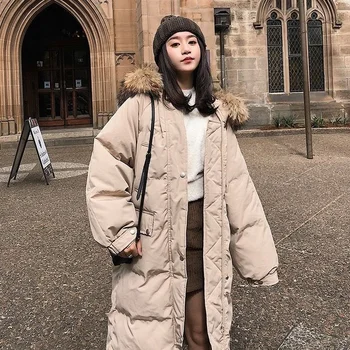 Uzun aşağı ceket Kış Parkas Kadınlar için Rahat Kürk Kapşonlu Yastıklı Palto Kadın Dış Giyim Kirpi Mont Kore Moda Parkas 2021