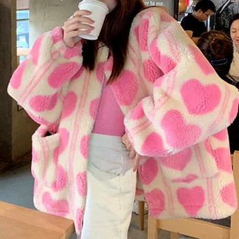 Pembe Kalp Kadın Faux Kürk Oyuncak Ceketler Giyim Kadın Palto Kışlık Mont Japon Kore Moda Kawaii Lambswool Mont