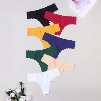 3 adet Seksi Kadınlar Dikişsiz Tanga Nervürlü Yoga İç Çamaşırı Fırfır Tek parça G-string Düşük bel Düz Renk İç Çamaşırı Yumuşak Modal T Pantolon