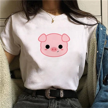 2021 Büyük Boy T Shirt Kadın Yaz Kawaii Sevimli Domuz grafikli tişört Kısa Kollu Rahat Moda Estetik Üst Kadın Giyim