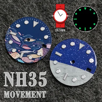 28.5 MM Yeşil Işıklı Saat Arama Soyut Balık / Yıldız Ay Desen NH35/36 / 4R / 7S hareket izleme Parçaları Değiştirin